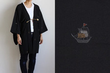 Vintage Japanese Haori Black Orange Floral Lining Gold Tassel Ties Embroidery picture