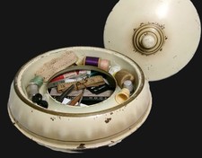 Unique 1930’s Vintage 3-Pc. Metal Sewing Cannister Tin w/ Mending Notions picture