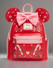 Loungefly Disney Minnie Mouse Candy-Cane Holiday Bow Mini Backpack Red Pink picture