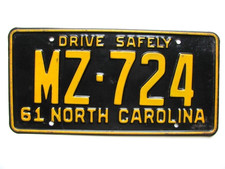 1961 NORTH CAROLINA NC LICENSE PLATE TAG, LOW NUMBER,  ORIGINAL, VINTAGE, NICE picture