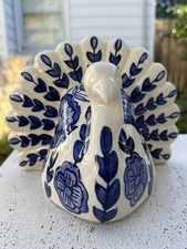Blue and White Ceramic Turkey Figurine Thanksgiving Fall Decor Tabletop Center picture