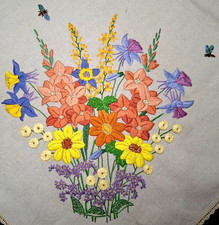 Spectacular RARE 'Fairistytch' Bouquet Flowers/Bees Hand Embroidered Tablecloth picture