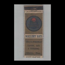 1930s Matchbook Cover Diamond Quality Mallory Hats Hills & Weisman Clinton MA picture