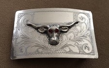 Rare Old Vintage 1950’S Mexico Silver Ruby Red Eye Longhorn Steer Belt Buckle picture