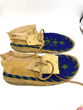 Antique Native American Beaded Moccasins Shoes Adult Blue Green picture