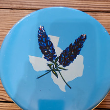 Vintage Texas Souvenir Tin Blue Lid Texas History Scenes-Blubonnet Flower-Round picture