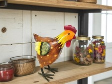 Rustic Small Folk Art Style Painted Metal Chicken Hen Rooster Statue Farm Cabin picture