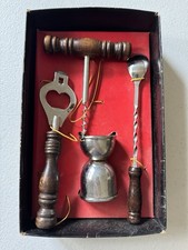 Rare Vintage MCM Carved Wood 4 Piece Bar Set 1970's Made in Japan New Unique picture