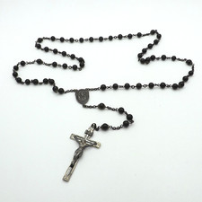 Antique Swift Fisher Sterling Silver Black Coco Bead Rosary Crucifix Necklace picture