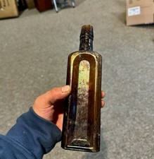 Nice Antique Pretty Amber Blown Square Bitters Bottle 1890s Era Dug Iridescence picture
