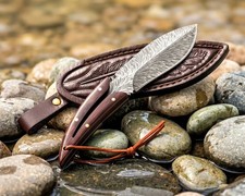Field Knife – Layered Wood Handle – Feather‑Engraved Sheath picture