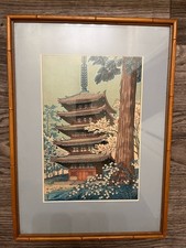 Japanese Framed Print Pagoda Temple Scene with Blossoms 