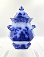 Antique J. CLEMENTSON FLOW BLUE IRONSTONE CHUSAN Sugar Bowl Octagonal w/ Lid picture