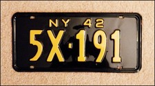 Vintage Fully Restored 1942 New York License Plate Tag 5X-191 picture