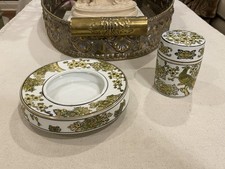 Vintage Gold Imari Green Japan Peacocks Lidded Canister Jar Ashtray picture
