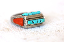 Vintage Tufa Cast Silver Turquoise And Coral ring  Size 6 1/4 picture
