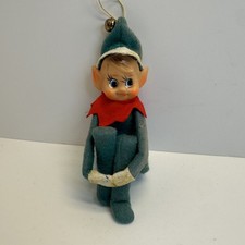 Vintage 1950s Knee Hugger Elf Christmas Ornament Green Felt Pixie Bell  picture
