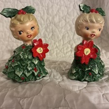 Vintage Holt Howard Christmas Girl Salt Pepper Shakers Holly Dress #6216 w/Plugs picture