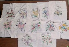 Vintage Handmade Embroidered Kitchen Dish Towels 12 Months Of The Year Floral picture