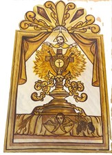 Large (32x19) Wood Retablo by Charles Carrillo - 2004 -God, Holy Spirit & Angel. picture