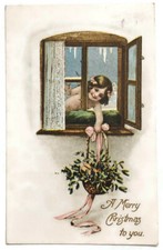 VTG 1909 A MERRY CHRISTMAS TO YOU POSTCARD EVE Syracuse NY Girl Grabs Flowers  picture