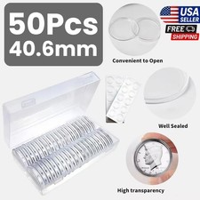50PCS 40.6MM Clear Round Coin Capsules Plastic Coin Holders &White Gaskets & Box picture