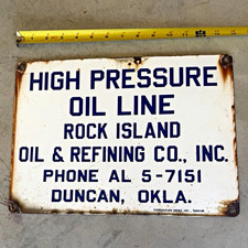 Vintage 1950s-60s Rock Island Oil Refining Porcelain Pipeline Sign Oklahoma picture