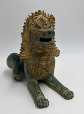 VTG Thai Khmer Singha Bronze Temple Guardian Lion Foo Dog Statue Gold Patina picture