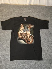 Vintage Harley Davidson Fargo ND Shirt Pinup Girl Stagecoach Graphic Black Tee L picture