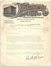 1916-17 Fraternal Aid Union legal letter, Kansas, Dr. Vohs picture