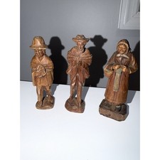 Lot Of 3 Vintage Hand Carved Wooden Figurines Knitting Woman Painting Traveling picture