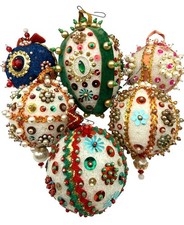 Vintage Handmade Pushpin Christmas Ornaments Sequin & Beaded Styrofoam Lot Of 6 picture