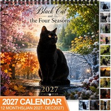 Black Cat Four Seasons 2027 Wall Calendar, Nature Cat Decor, Cat Lover Gift picture