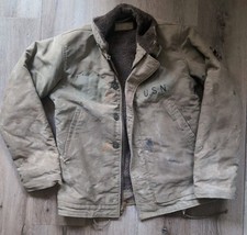 VTG 40s WWII US Navy N1 Deck Jacket Alpaca Lined Jungle Cloth USN Named Stencil picture