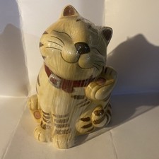 Vintage GKAO Smiling Scratching Tabby Cat Ceramic Cookie Jar picture