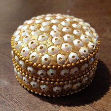 Small Round Metal Trinket Box, White Beaded with Gold Tone Accents, Lidded picture