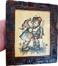 Vintage Evans Signed Wood Wall Plaque Children Kissing  Art Rustic Wood Mounting picture