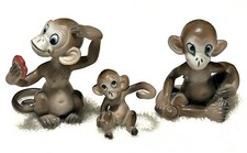 Vtg Josef Originals Monkey Family Figurines Set of 3 Japan Porcelain Miniature picture
