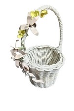 Vtg White Wicker Rattan Basket Acrylic Flowers Cottage Chic MCM 50s 60s 13