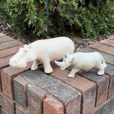 Vintage Besmo Kenya Hand Carved Stone Hippo Rhino Figurines Pair Heavy picture