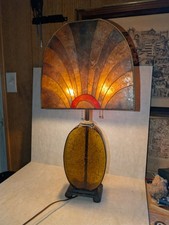 Vtg/ MCM~ Amber Crackle Glass Table Lamp with Mica Shade/Great Working & Looking picture
