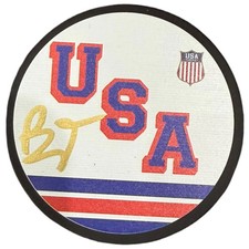 Brady Tkachuk Autographed Team USA Olympics (White) Jersey Style Hockey Puck - J picture