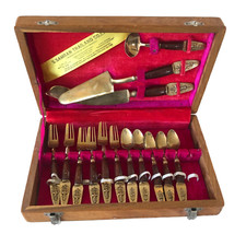 S. Samran Thailand Brass Flatware Set Wood Handles Wooden Case SEE CONDITION picture