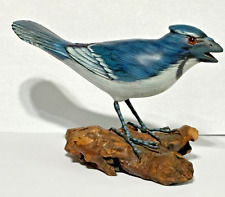 Vintage Carved Natural Wood Blue Jay Figurine Hand Painted Driftwood Glass Eyes picture
