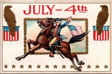 Postcard Patriotic 4 July Revolutionary Hero Riding a Horse Am. Eagles C.1910 L5 picture