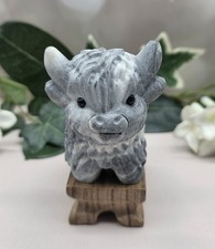 Picasso Jasper Highland Cow Carving Picasso Marble Crystal Cow w Wood Stand picture