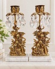 Antique Victorian Figural Brass Girandole Candlesticks Glass Prisms Marble Pair picture