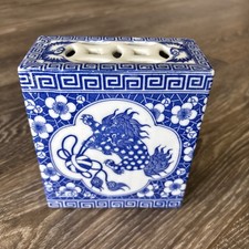 Vintage Asian Blue & White Porcelain Opium Pillow Incense Burner With Foo Dog picture
