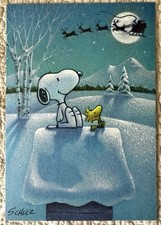 Unused Christmas Snoopy Woodstock Santa Sky Peanuts Vtg Greeting Card 1970s A picture