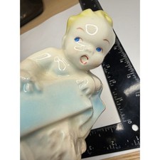 Vintage Ceramic Baby on Globe Planter Gold Trim Nursery Decor Blue Eyes 179 picture